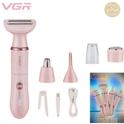 مجموعة ماكينة إزالة احترافية 4في1 من VGR للنساء V-761، مقاومة للماء مع رؤوس قابلة للتبديل للوجه والجسم والأنف والحواجب